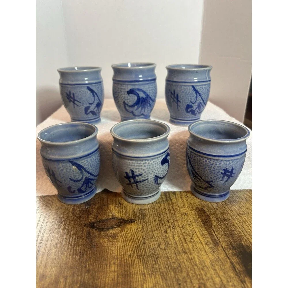 Stoneware Cups Blue Salt Glaze Swirl Tumblers Barware No Markings Wine 3.5